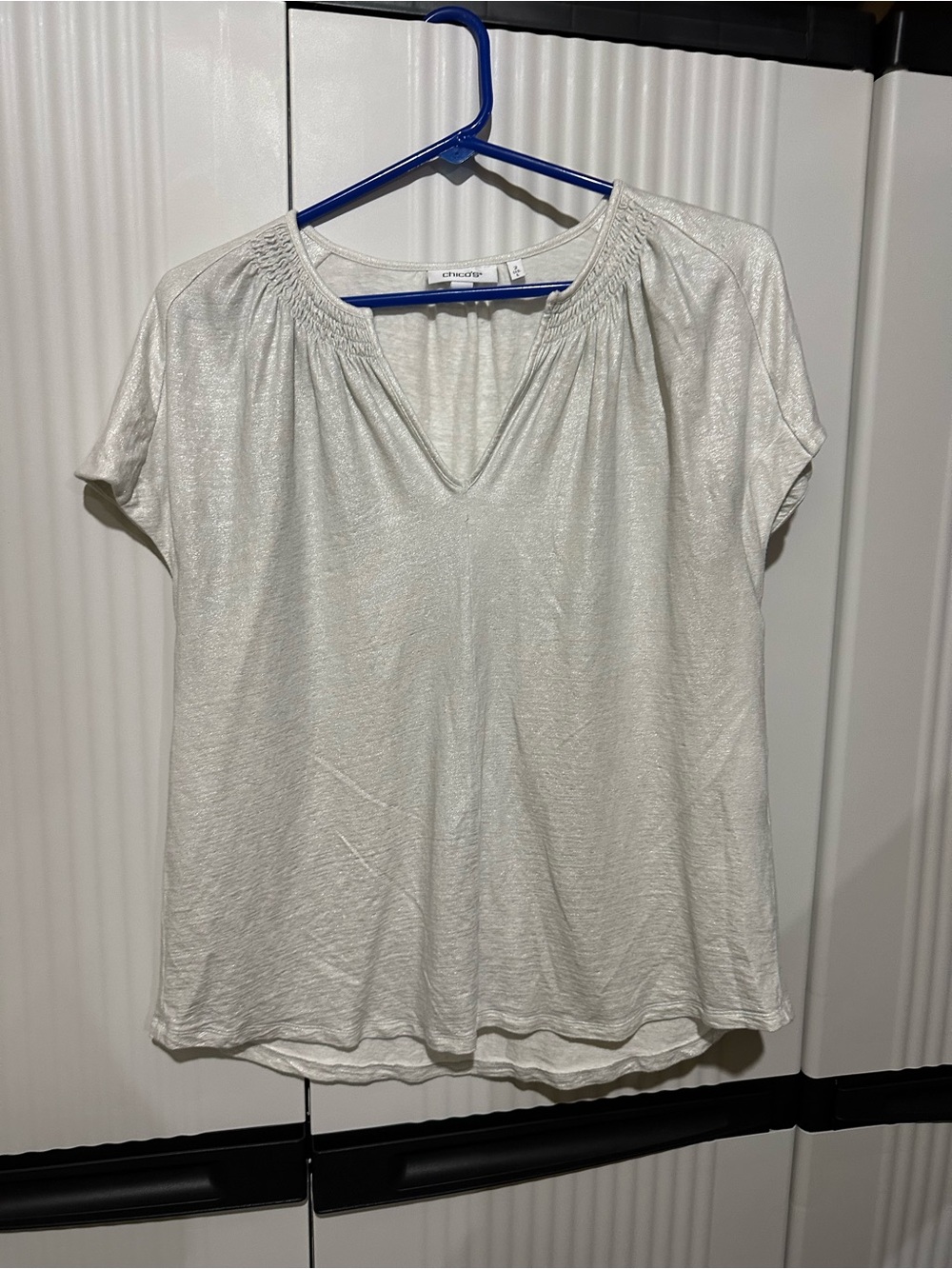 Chico's Shimmery Silver Short Sleeve V-Neck Top